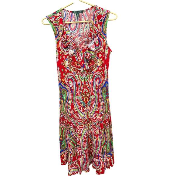 Lauren Ralph Lauren Sleeveless Fit & Flare Paisley Ruffle V‑Neck M EUC - Picture 2 of 8